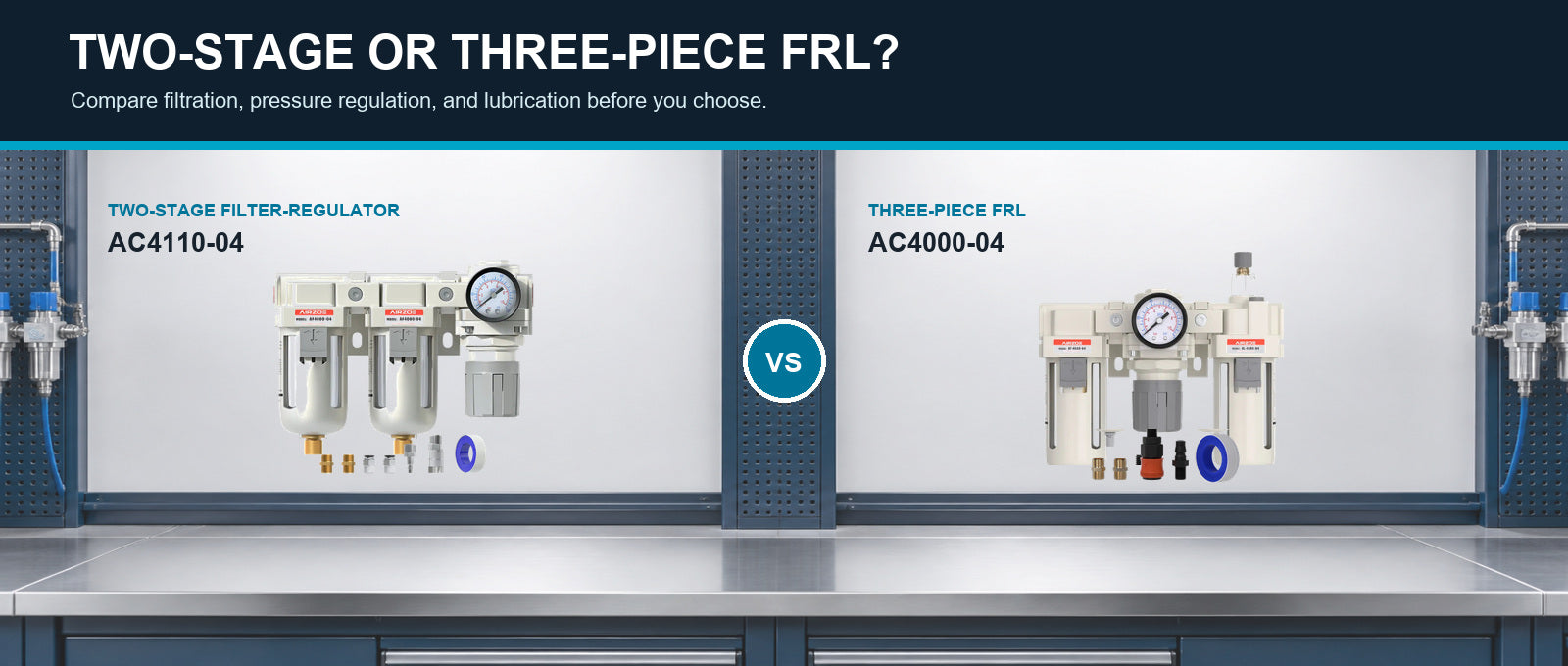 AIRZOE AC4110-04 two-stage filter-regulator compared with AC4000-04 three-piece FRL air-treatment unit