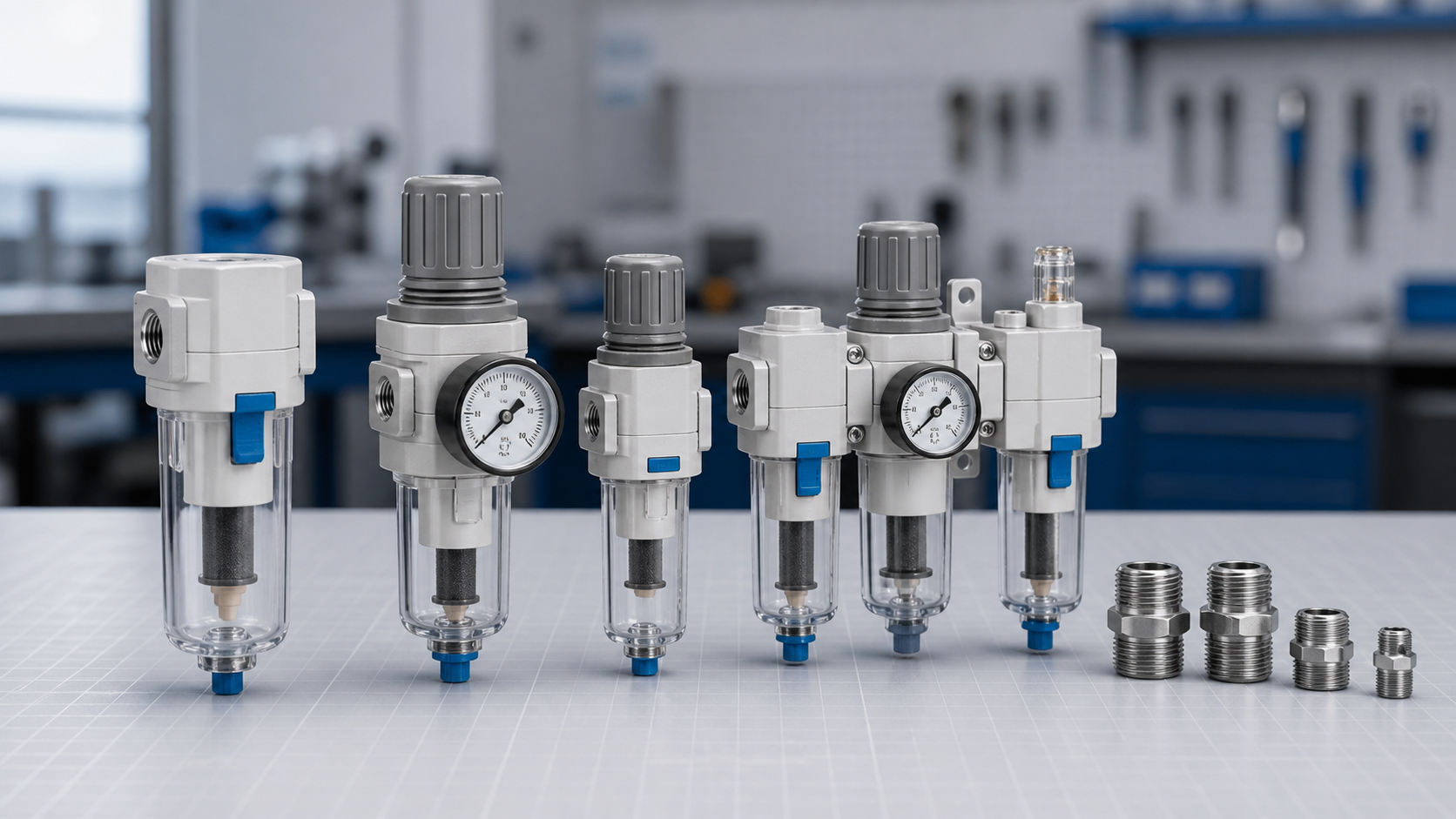 Compressed-air filters, pressure regulators, and threaded fittings arranged for port-size and airflow selection