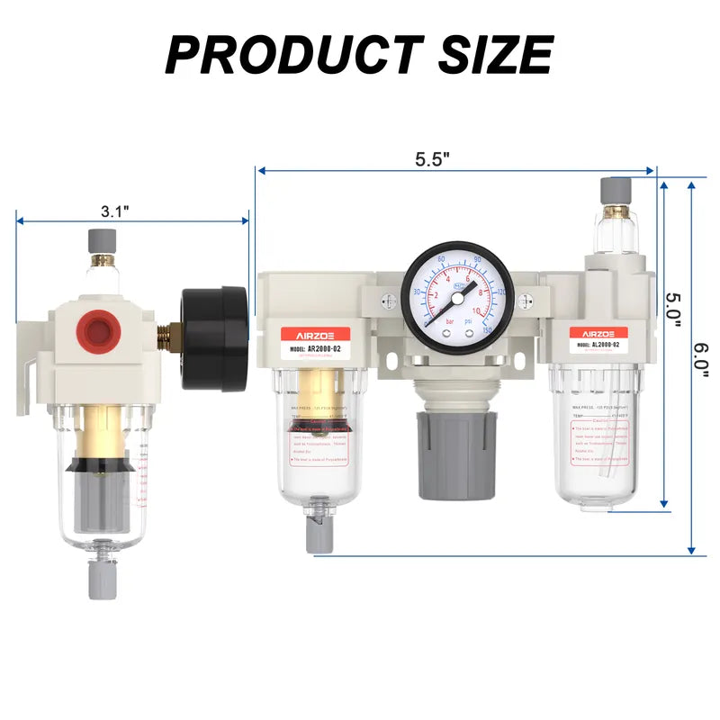 Size dimensions of airzoe AC2000-02 1/4 inch NPT FRL filter regulator lubricator combo with 0-150 PSI gauge