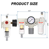 Size dimensions of airzoe AC2000-02 1/4 inch NPT FRL filter regulator lubricator combo with 0-150 PSI gauge