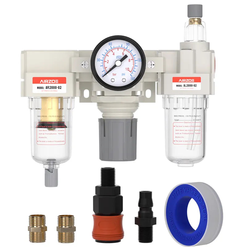 airzoe AC2000-02 1/4 inch NPT air compressor filter, regulator and lubricator combo kit with 0-150 PSI gauge, 5 micron brass element, semi-auto drain and fittings