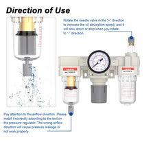 Airflow direction and oil volume adjustment warning for airzoe AC2000-02 air compressor filter regulator lubricator combo