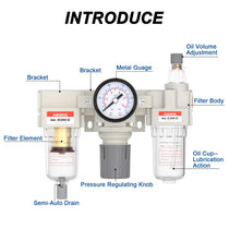 Parts structure of airzoe AC2000-02 FRL combo with filter element, metal gauge, pressure regulating knob, oil cup, oil volume adjustment and semi-auto drain