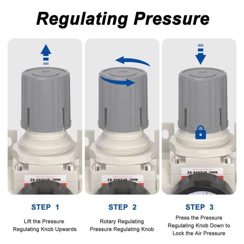 Pressure regulating instructions for airzoe AC2000-02 air compressor filter regulator lubricator combo showing lift, rotate and press knob steps
