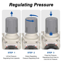 Pressure regulating instructions for airzoe AC2000-02 air compressor filter regulator lubricator combo showing lift, rotate and press knob steps