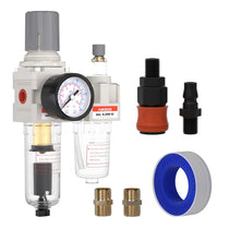 airzoe AC2010-02 1/4 inch NPT compressed air filter regulator lubricator combo kit with 0-145 PSI gauge, 5 micron brass element, auto drain and fittings