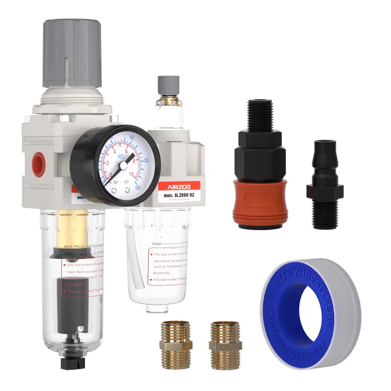 airzoe AC2010-02 1/4 inch NPT compressed air filter regulator lubricator combo kit with 0-145 PSI gauge, 5 micron brass element, auto drain and fittings
