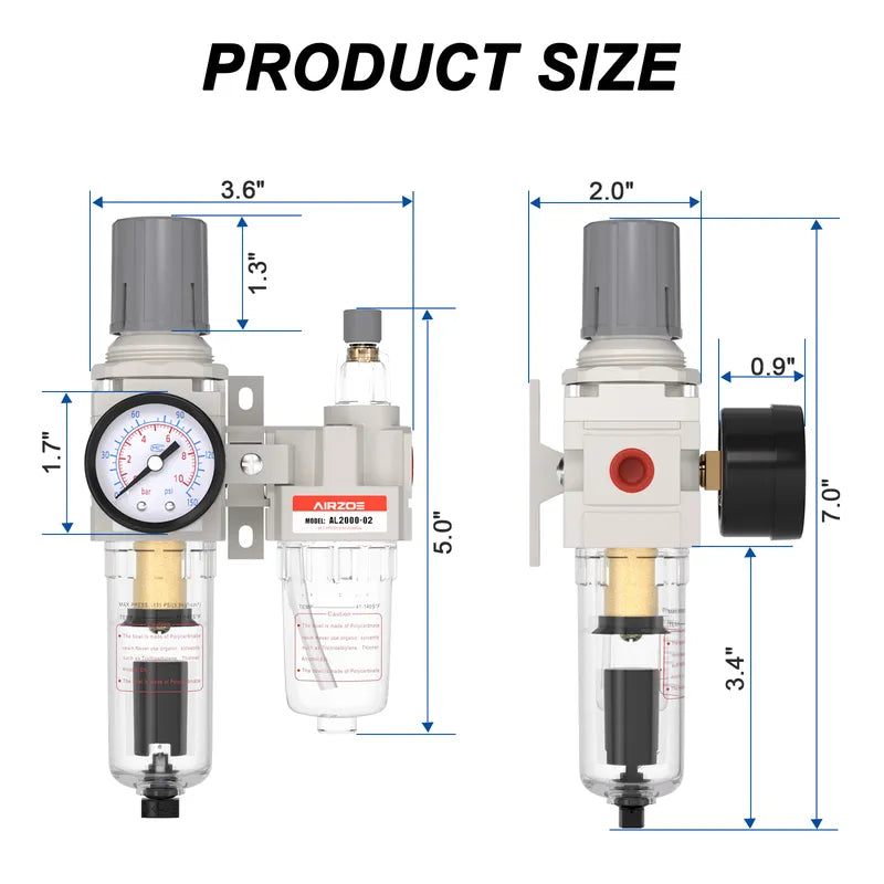 Size dimensions of airzoe AC2010-02 1/4 inch NPT compressed air filter regulator lubricator combo with 0-145 PSI gauge