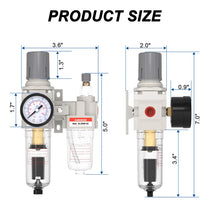 Size dimensions of airzoe AC2010-02 1/4 inch NPT compressed air filter regulator lubricator combo with 0-145 PSI gauge