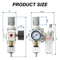 Size dimensions of airzoe AC2010-02 1/4 inch NPT compressed air filter regulator lubricator combo with 0-145 PSI gauge