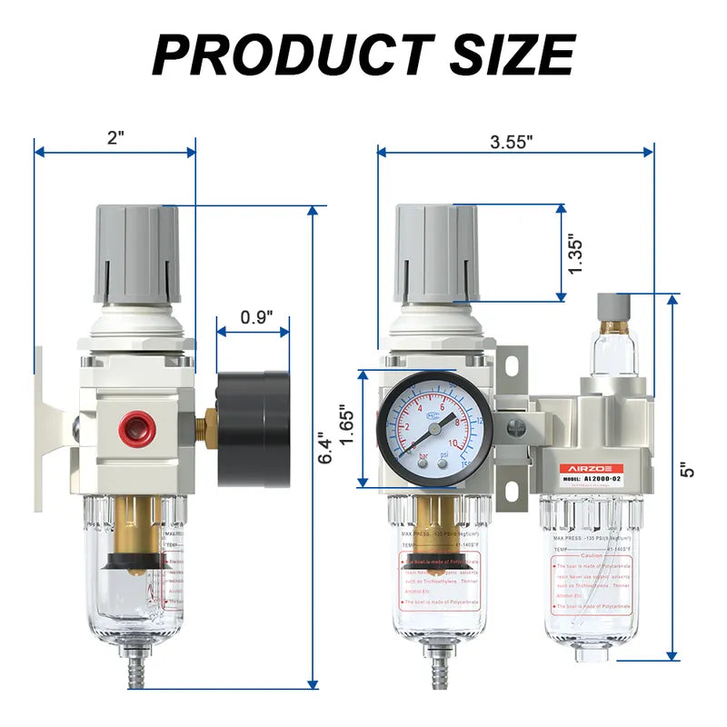 Size dimensions of airzoe AC2010-02 1/4 inch NPT compressed air filter regulator lubricator combo with 0-145 PSI gauge
