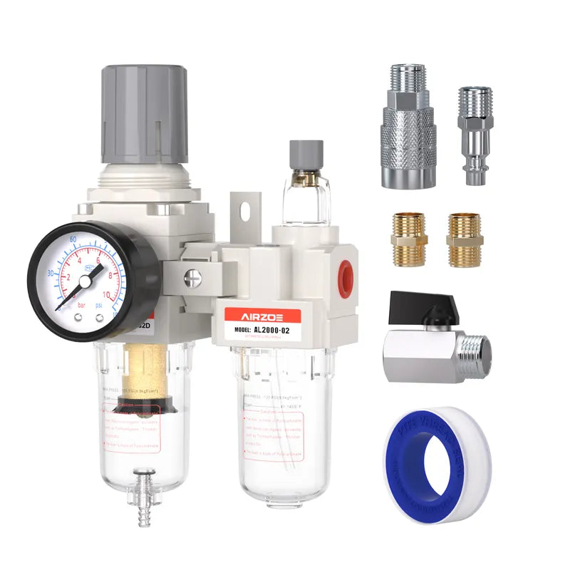 airzoe AC2010-02 1/4 inch NPT compressed air filter regulator lubricator combo kit with 0-145 PSI gauge, 5 micron brass element, manual drain, ball valve and fittings