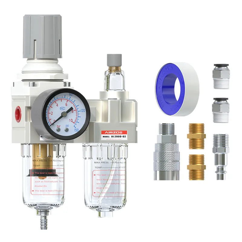 airzoe AC2010-02 1/4 inch NPT compressed air filter regulator lubricator combo kit with 0-145 PSI gauge, 5 micron brass element, semi-auto drain and fittings