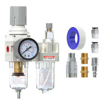 airzoe AC2010-02 1/4 inch NPT compressed air filter regulator lubricator combo kit with 0-145 PSI gauge, 5 micron brass element, semi-auto drain and fittings