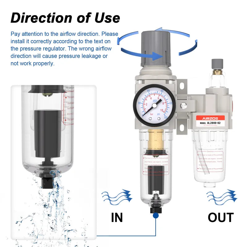 Airflow direction and auto drain warning for airzoe AC2010-02 compressed air filter regulator lubricator combo showing correct IN and OUT installation direction