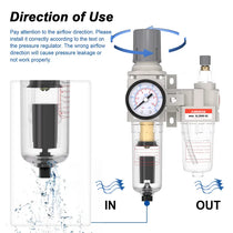 Airflow direction and auto drain warning for airzoe AC2010-02 compressed air filter regulator lubricator combo showing correct IN and OUT installation direction