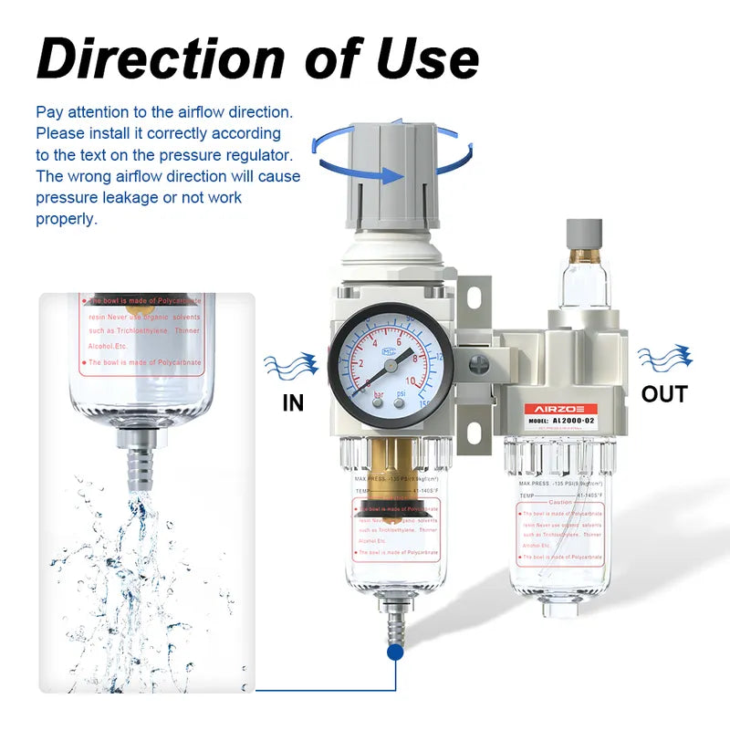Airflow direction and manual drain warning for airzoe AC2010-02 compressed air filter regulator lubricator combo showing correct IN and OUT installation direction