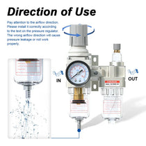 Airflow direction and manual drain warning for airzoe AC2010-02 compressed air filter regulator lubricator combo showing correct IN and OUT installation direction