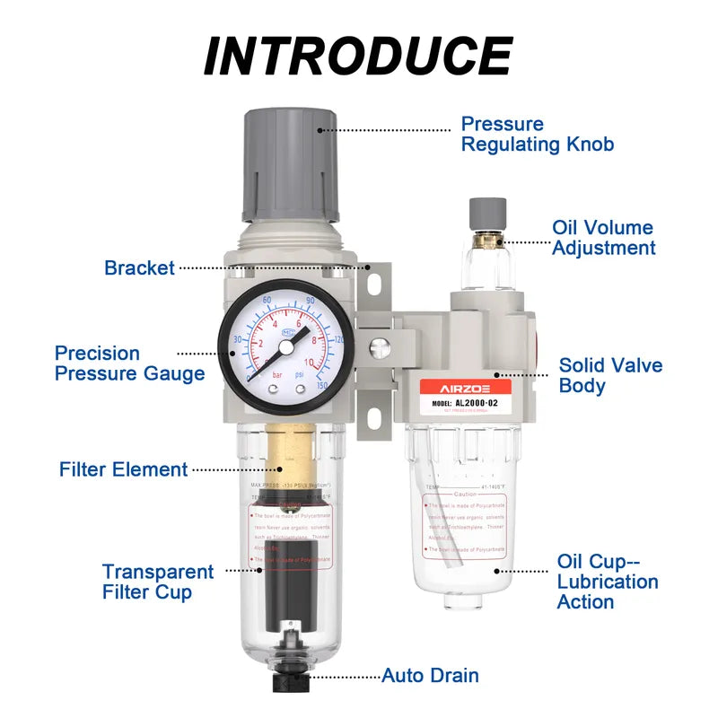 Parts structure of airzoe AC2010-02 filter regulator lubricator combo with pressure regulating knob, precision pressure gauge, filter element, oil volume adjustment, oil cup and auto drain