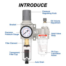 Parts structure of airzoe AC2010-02 filter regulator lubricator combo with pressure regulating knob, precision pressure gauge, filter element, oil volume adjustment, oil cup and auto drain