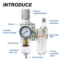 Parts structure of airzoe AC2010-02 filter regulator lubricator combo with pressure regulating knob, precision pressure gauge, filter element, oil volume adjustment, oil cup and manual drain