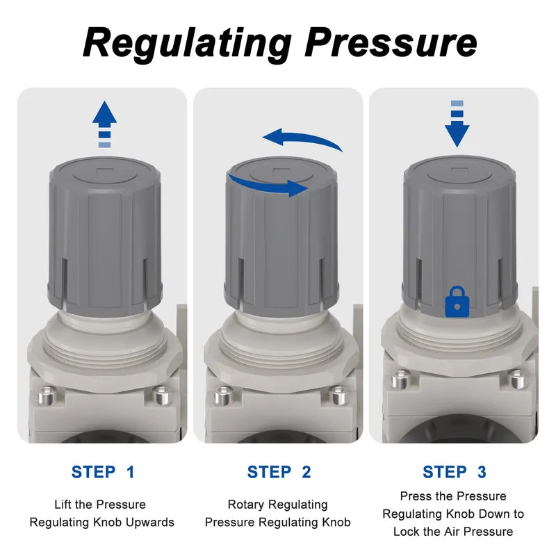 Pressure regulating instructions for airzoe AC2010-02 compressed air filter regulator lubricator combo showing lift, rotate and press knob steps