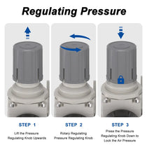 Pressure regulating instructions for airzoe AC2010-02 compressed air filter regulator lubricator combo showing lift, rotate and press knob steps