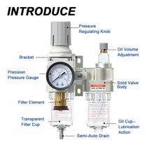 Parts structure of airzoe AC2010-02 filter regulator lubricator combo with pressure regulating knob, precision pressure gauge, filter element, oil volume adjustment, oil cup and semi-auto drain