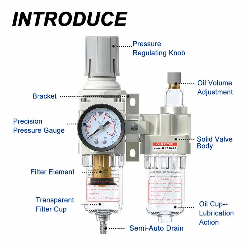 Parts structure of airzoe AC2010-02 filter regulator lubricator combo with pressure regulating knob, precision pressure gauge, filter element, oil volume adjustment, oil cup and semi-auto drain