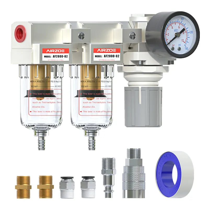 airzoe AC2110-02 1/4 inch NPT double air compressor filter and air pressure regulator combo kit with 0-145 PSI gauge, 5 micron brass element, semi-auto drain and fittings