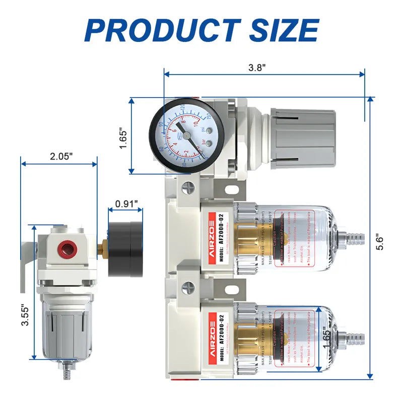 Size dimensions of airzoe AC2110-02 1/4 inch NPT double air compressor filter and air pressure regulator combo with 0-145 PSI gauge