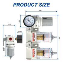 Size dimensions of airzoe AC2110-02 1/4 inch NPT double air compressor filter and air pressure regulator combo with 0-145 PSI gauge