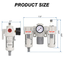 Size dimensions of airzoe AC3000-03 3/8 inch NPT FRL filter regulator lubricator combo for compressed air systems