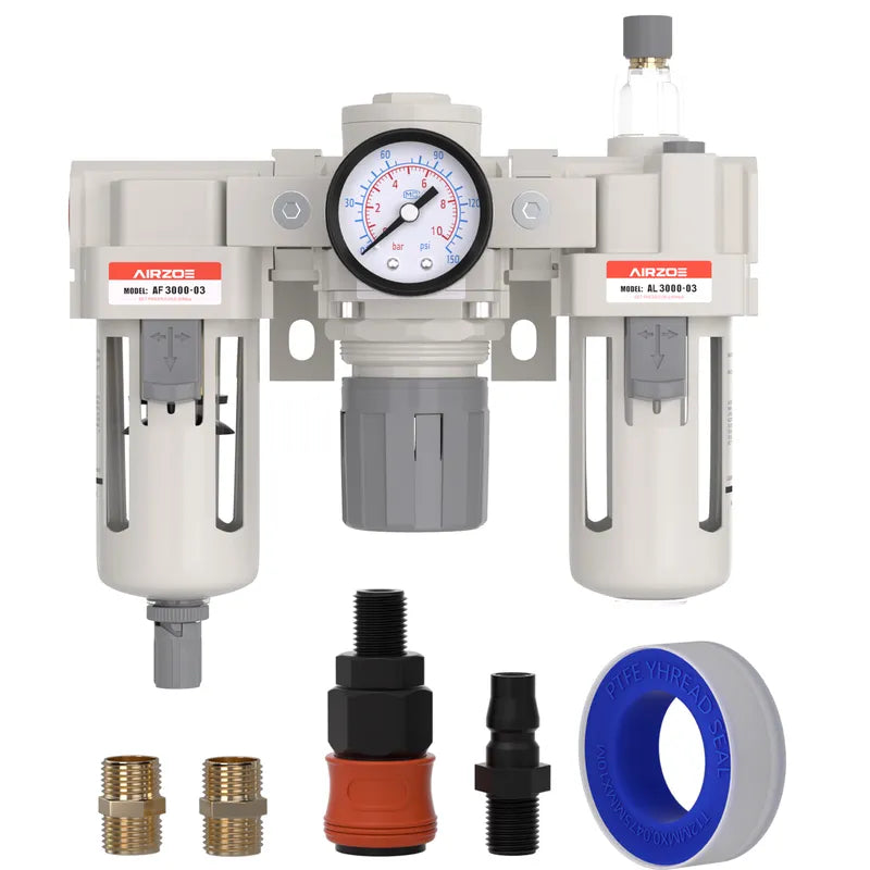 airzoe AC3000-03 3/8 inch NPT air compressor filter, regulator and lubricator combo kit with 0-150 PSI gauge, 5 micron brass element, semi-auto drain and fittings