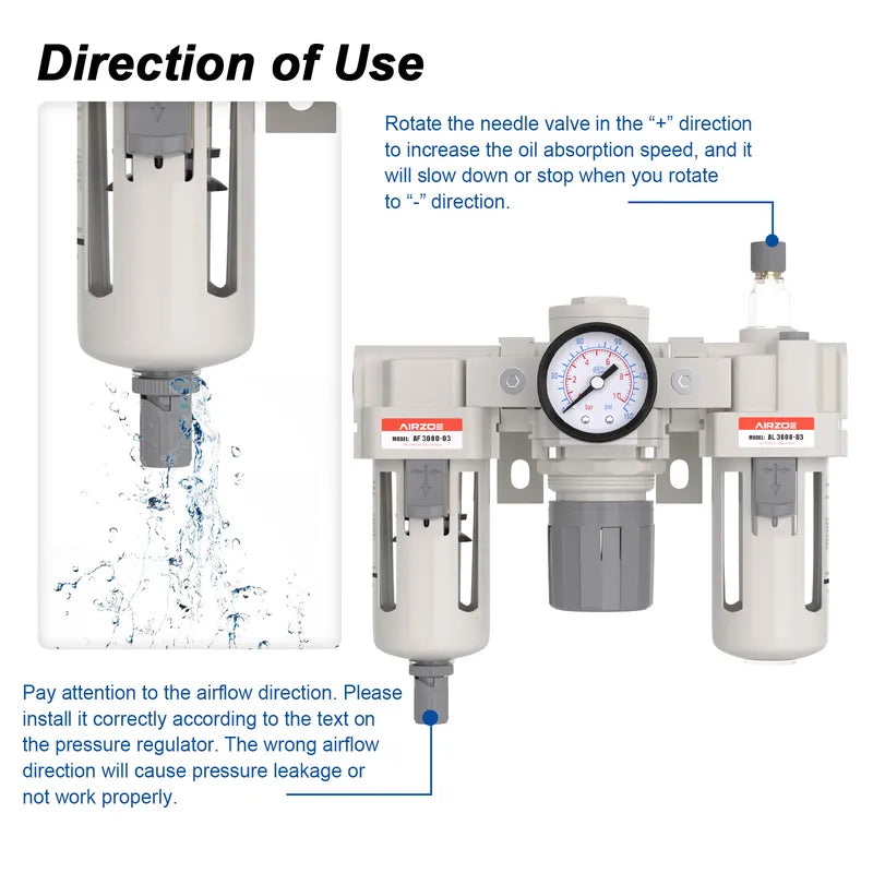 Airflow direction and oil volume adjustment warning for airzoe AC3000-03 air compressor filter regulator lubricator combo