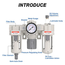 Parts structure of airzoe AC3000-03 FRL combo with filter body, lubricator body, metal gauge, pressure regulating knob, oil volume adjustment and semi-auto drain