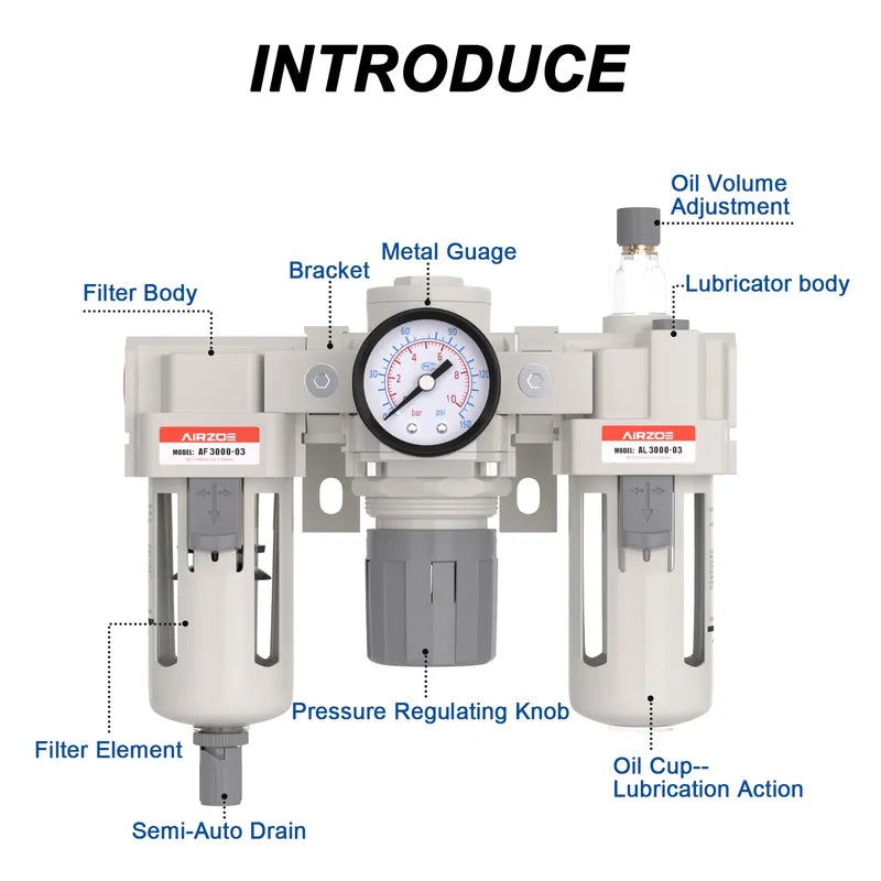 Parts structure of airzoe AC3000-03 FRL combo with filter body, lubricator body, metal gauge, pressure regulating knob, oil volume adjustment and semi-auto drain