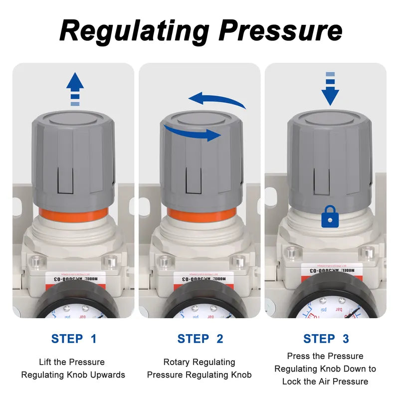 Pressure regulating instructions for airzoe AC3000-03 air compressor filter regulator lubricator combo showing lift, rotate and press knob steps
