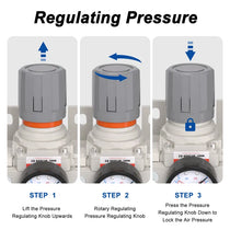 Pressure regulating instructions for airzoe AC3000-03 air compressor filter regulator lubricator combo showing lift, rotate and press knob steps