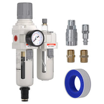 airzoe AC3010-03 3/8 inch NPT compressed air filter regulator lubricator combo kit with 0-145 PSI gauge, 5 micron brass element, auto drain and fittings