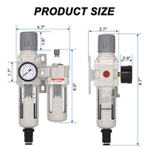 Size dimensions of airzoe AC3010-03 3/8 inch NPT compressed air filter regulator lubricator combo with 0-145 PSI gauge