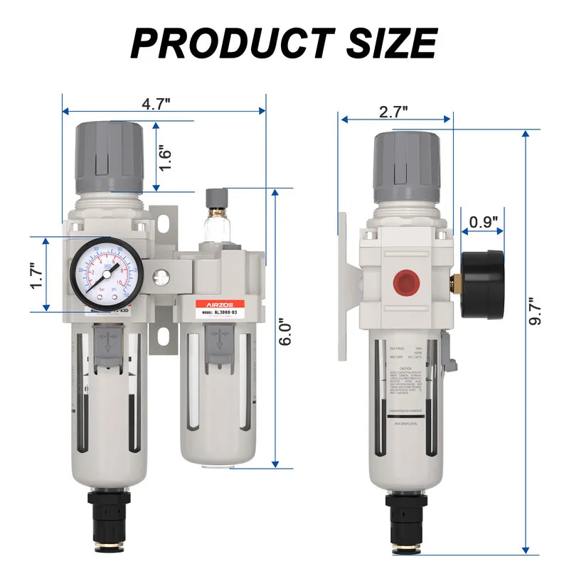 Size dimensions of airzoe AC3010-03 3/8 inch NPT compressed air filter regulator lubricator combo with 0-145 PSI gauge