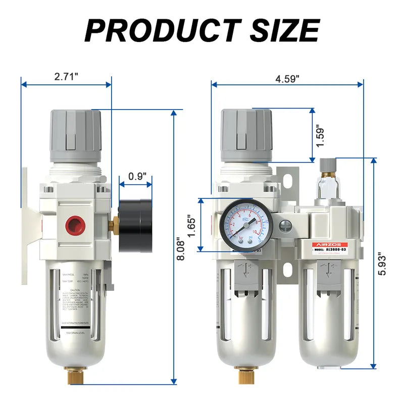 Size dimensions of airzoe AC3010-03 3/8 inch NPT compressed air filter regulator lubricator combo with 0-145 PSI gauge