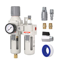 airzoe AC3010-03 3/8 inch NPT compressed air filter regulator lubricator combo kit with 0-145 PSI gauge, 5 micron brass element, semi-auto drain, ball valve and fittings