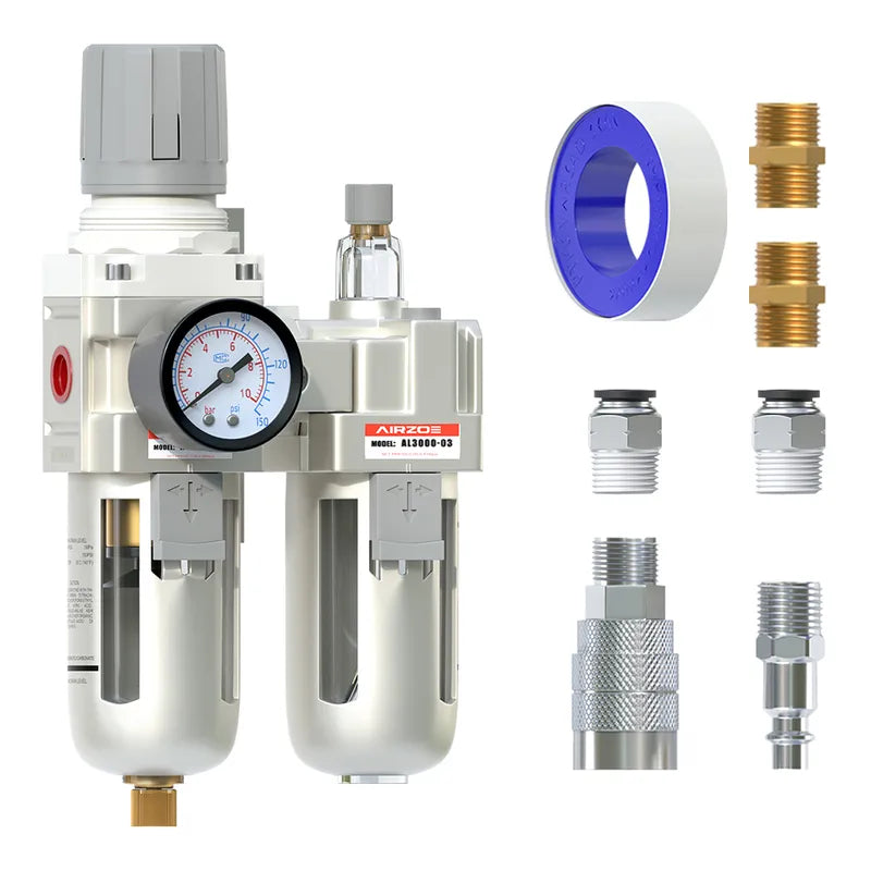 airzoe AC3010-03 3/8 inch NPT compressed air filter regulator lubricator combo kit with 0-145 PSI gauge, 5 micron brass element, semi-auto drain and fittings