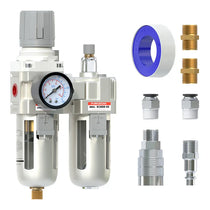 airzoe AC3010-03 3/8 inch NPT compressed air filter regulator lubricator combo kit with 0-145 PSI gauge, 5 micron brass element, semi-auto drain and fittings