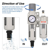 Airflow direction and auto drain warning for airzoe AC3010-03 compressed air filter regulator lubricator combo showing correct IN and OUT installation direction