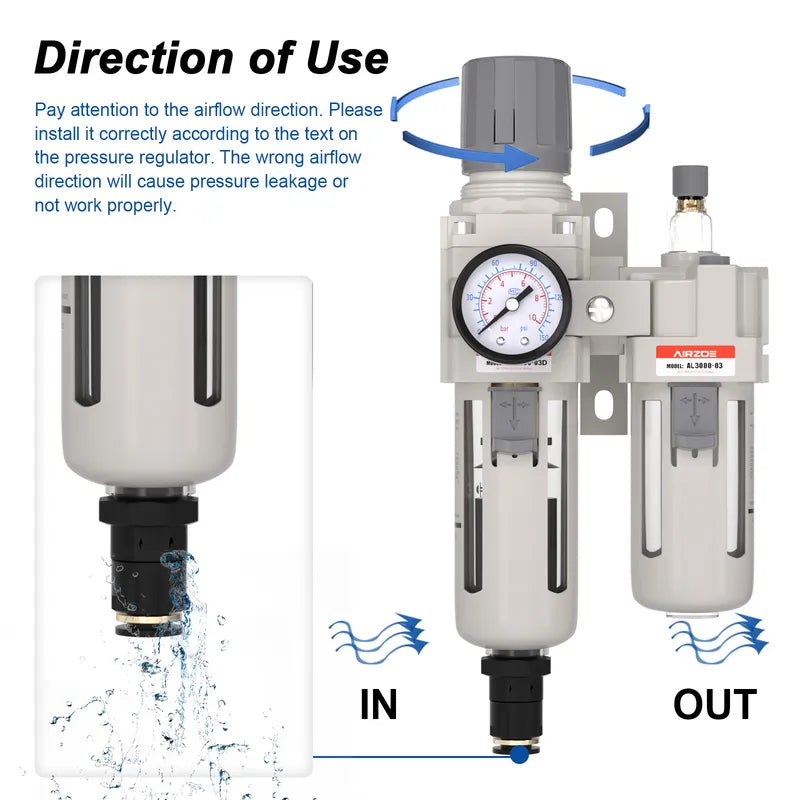 Airflow direction and auto drain warning for airzoe AC3010-03 compressed air filter regulator lubricator combo showing correct IN and OUT installation direction