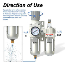 Airflow direction and semi-auto drain warning for airzoe AC3010-03 compressed air filter regulator lubricator combo showing correct IN and OUT installation direction