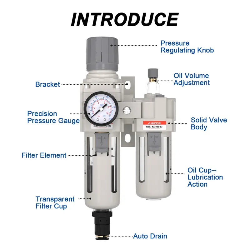 Parts structure of airzoe AC3010-03 filter regulator lubricator combo with pressure regulating knob, precision pressure gauge, filter element, oil volume adjustment, oil cup and auto drain